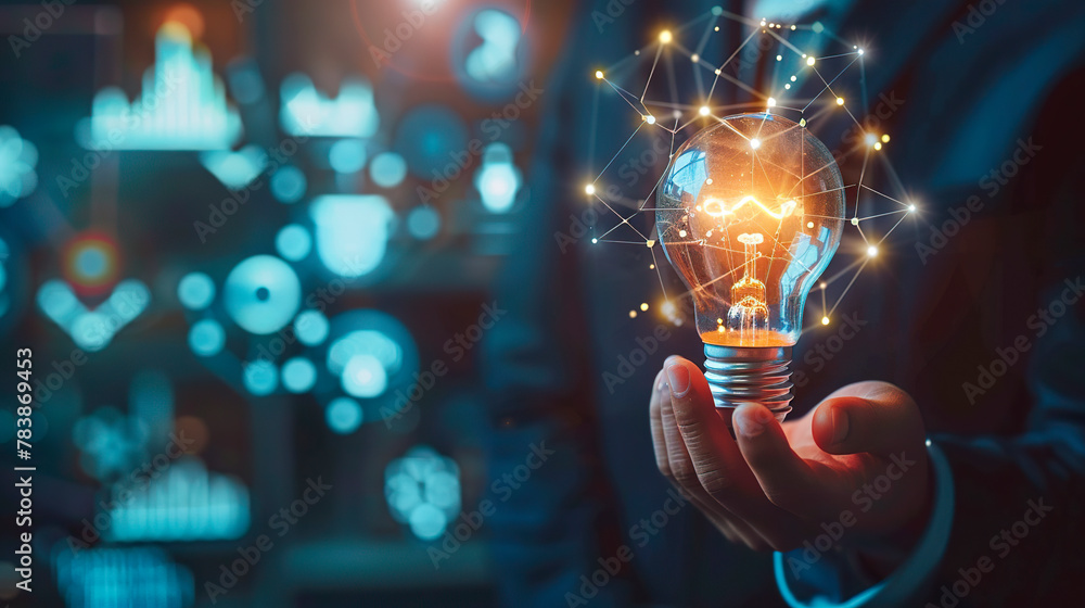 Businessman holding a light bulb in his hands, symbol of a new innovative idea of business technology, financial marketing network, profit planning strategy, developing analytical solutions - obrazy, fototapety, plakaty 