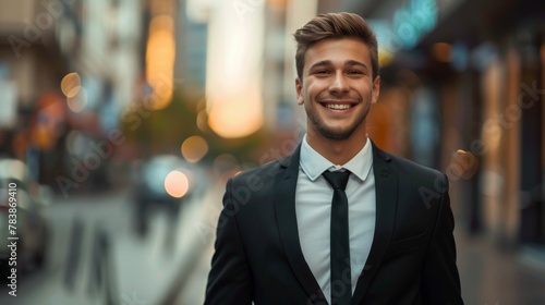 portrait of a handsome smiling young businessman boss in a black suit walking on a city street to his company office. blurry street background, confident
