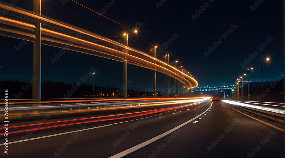 Trucks on highway, street in night time. Motion blur, light trails. Transportation, logistic. Timelapse, hyper lapse of transportation. Abstract straight soft glowing lines., line
