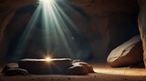 Empty tomb with stone rocky cave and light rays bursting from within, dark cave with concept of bright sunlight, item