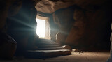 Empty tomb with stone rocky cave and light rays bursting from within, dark cave with concept of bright sunlight, cave