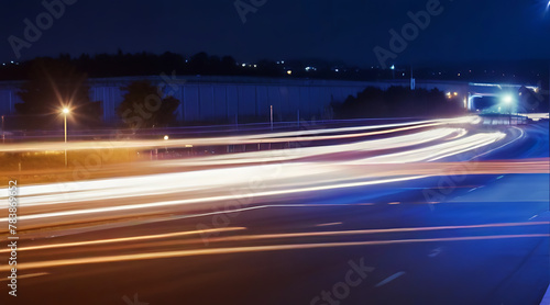 Trucks on highway, street in night time. Motion blur, light trails. Transportation, logistic. Timelapse, hyper lapse of transportation. Abstract straight soft glowing lines., glow