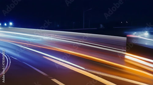Trucks on highway  street in night time. Motion blur  light trails. Transportation  logistic. Timelapse  hyper lapse of transportation. Abstract straight soft glowing lines.  light
