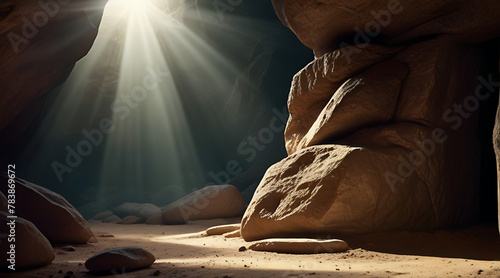 Empty tomb with stone rocky cave and light rays bursting from within, dark cave with concept of bright sunlight, bright