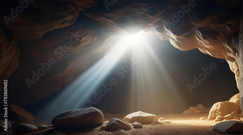 Empty tomb with stone rocky cave and light rays bursting from within, dark cave with concept of bright sunlight, den photo