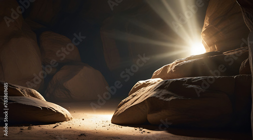 Empty tomb with stone rocky cave and light rays bursting from within, dark cave with concept of bright sunlight, sun