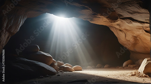 Empty tomb with stone rocky cave and light rays bursting from within, dark cave with concept of bright sunlight, rays
