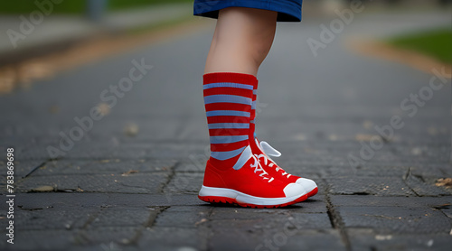 Closeup of a Kid legs with different pair of socks and red sneakers standing in the street outdoors. Child foots in mismatched socks. Odd Socks day, Anti-Bullying Week, Down syndrome awareness, side photo