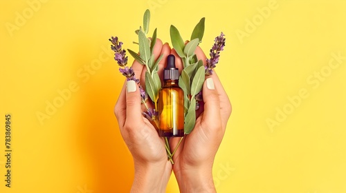 Natural skincare concept with lavender. Hands holding organic beauty oil. Wellness and self-care, simple background. Herbal remedy, vibrant colors. AI