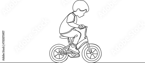 continuous single line drawing of young boy on childrens bicycle, line art vector illustration