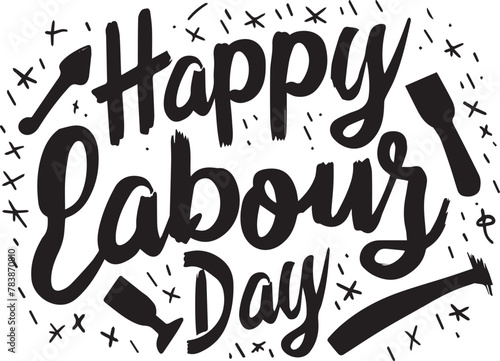 Black silhouette vector of happy international labor day.  Hand lettering Labour Day background vector illustration design