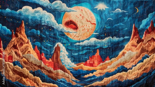 Flooded metropolitan cities, A ghastly full moon, clouds, blue skies, Embroidery