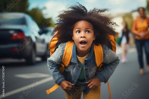 Black schoolgirl with a backpack crosses a dangerous section of the road at an unregulated pedestrian crossing, going to school. Attention on the road, violation of traffic rules