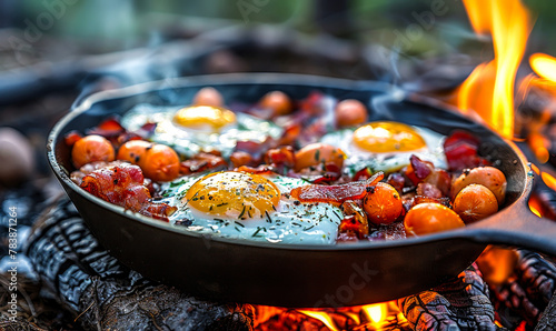 Campfire Culinary Delights: A Mouthwatering Outdoor Breakfast Spread with Sizzling Cast Iron Skillet, Perfectly Fried Eggs, Crispy Bacon, and Savory Sausages, Epitomizing the Joy of Camping Cuisine photo