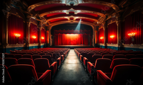 Vacant Theater Auditorium: Crimson Curtains Drawn, Rows of Seats Awaiting Performances