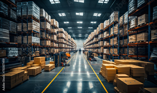Vast Warehouse Interior  High Shelves  Forklifts  and Efficient Storage Solutions in a Modern Facility