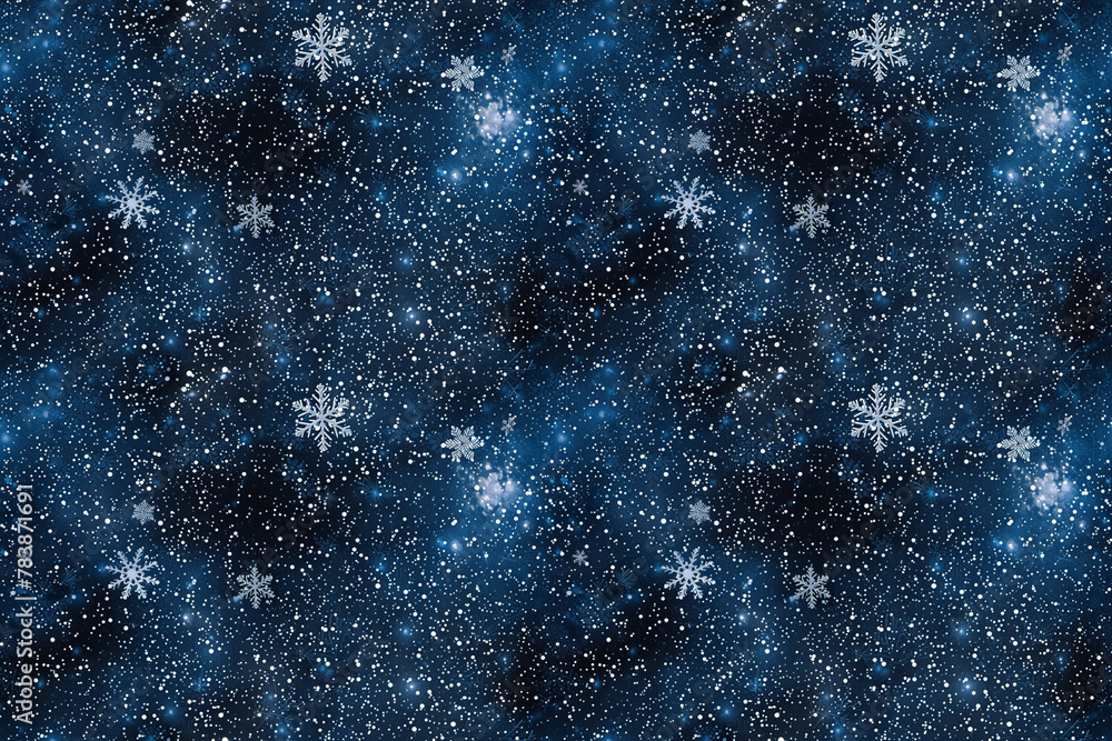 Starry night sky seamless pattern with snowflakes