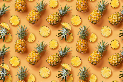 Fresh pineapple fruit arrangement on orange background © BetterPhoto