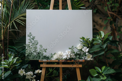A white blank canvas on an easel with white flowers and greenery around on a plain background..Empty white board for the guest list or photo. 