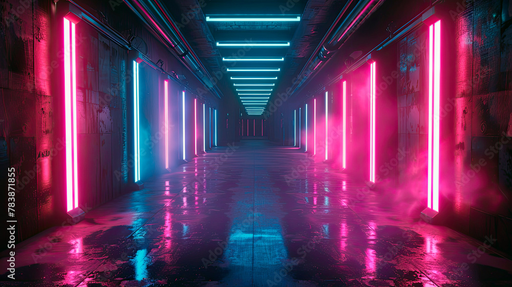 Illuminated Hallway With Neon Lights