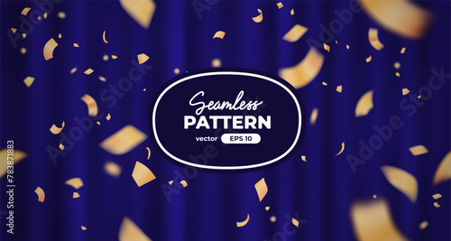 Vector confetti seamless pattern. Yellow color confetti falls from above. Blue curtain background. Shiny confetti isolated. Ribbons. Defocused elements. Party, birthday, Holiday banner template.