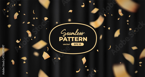 Vector confetti seamless pattern. Yellow color confetti falls from above. Black curtain background. Shiny confetti isolated. Ribbons. Defocused elements. Party, birthday, Holiday banner template.