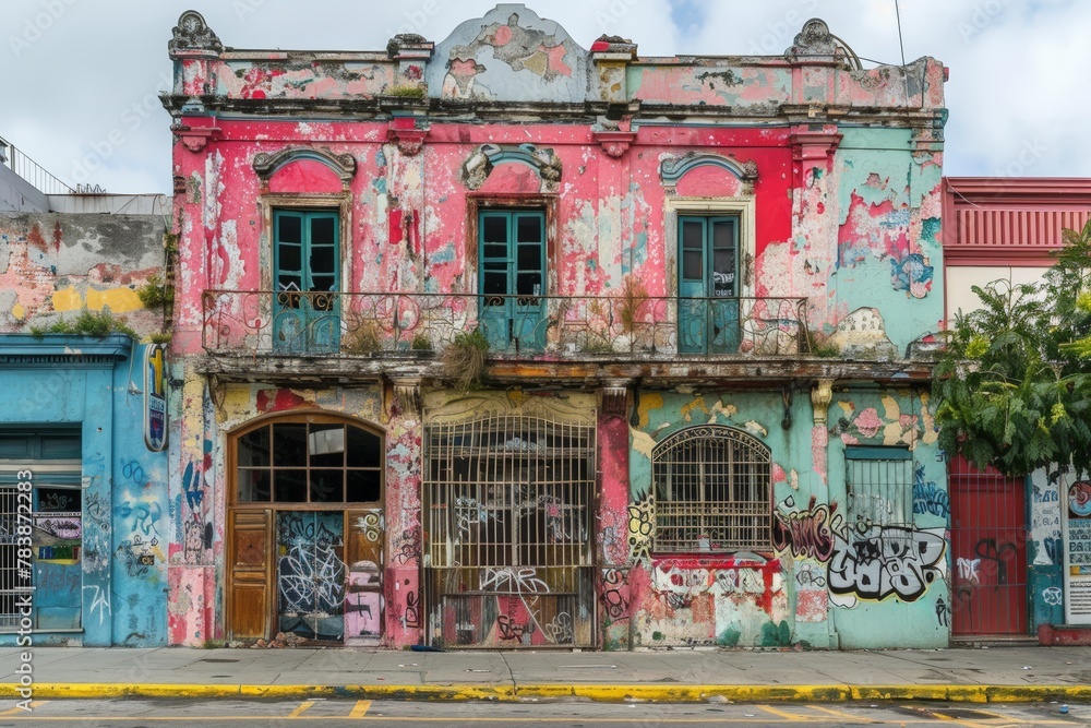 Fototapeta premium Faded, graffiti-covered facade of an old building with a decaying second-story balcony. Layers of peeled paint and plants suggest long-term neglect in a once vibrant area.