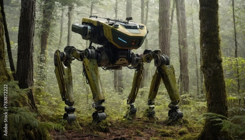 A quadrupedal robot traverses a dense forest, equipped with sensors and camouflaged for exploration.