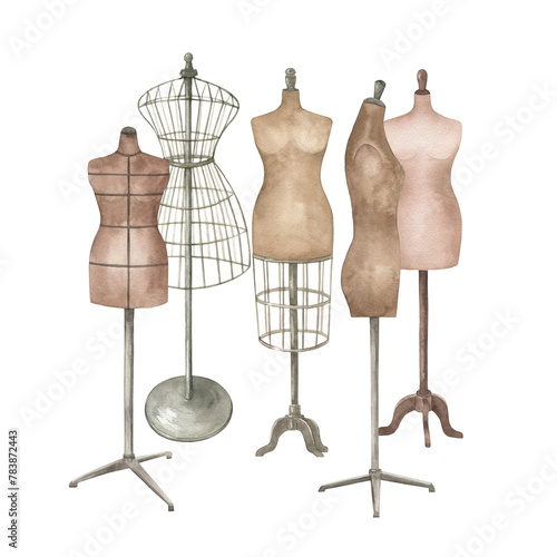 Vintage sewing collection with mannequin. Hand drawn watercolor illustration on white background