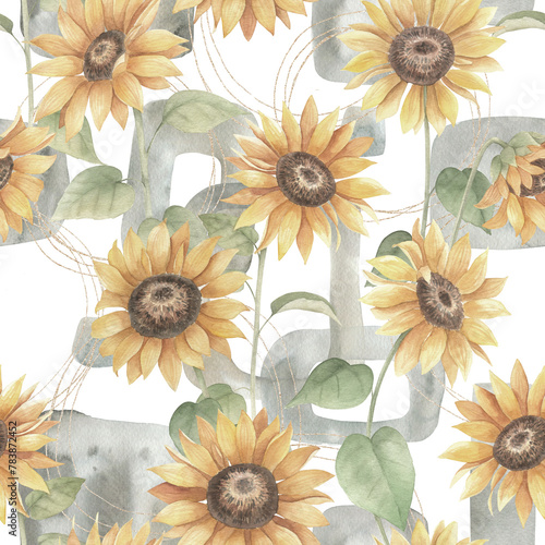 Abstract floral print with sunflower, geometric shapes and golden elements on white background. Watercolor seamless pattern. Hand drawn illustration. Mixed media art