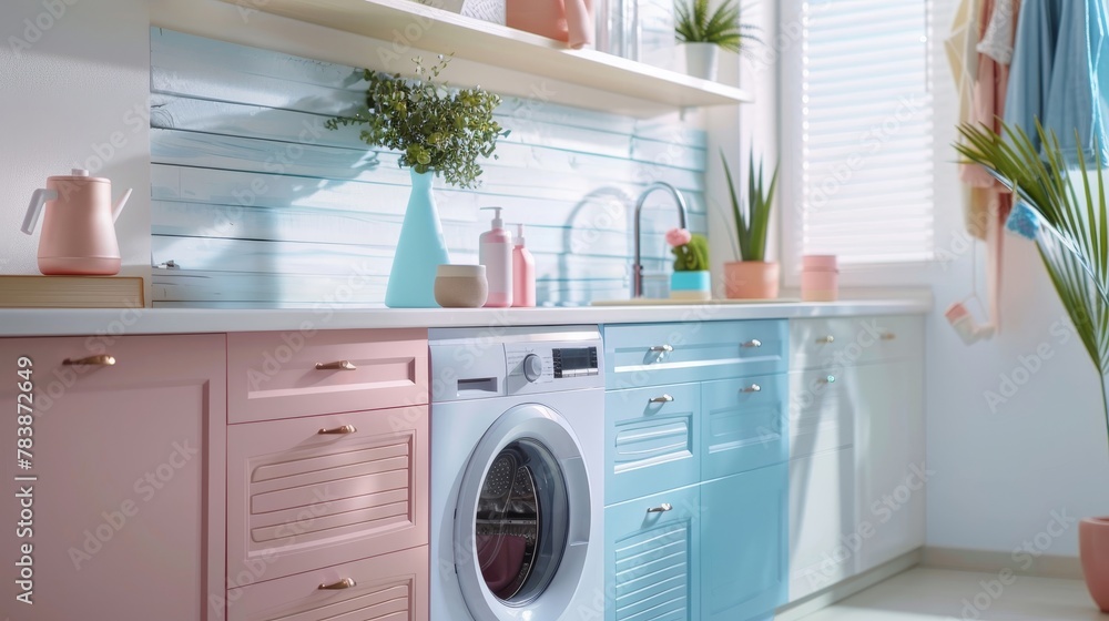 Elegantly organized laundry space in a modern home featuring built-in cabinets in pastel tones, ergonomic design, and decorative vases, perfect for a feature on stylish organization solutions in home. Elegantly organized laundry space in a modern home featuring built-in cabinets in pastel tones, ergonomic design, and decorative vases, perfect for a feature on stylish organization solutions in home.
