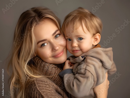 A woman with blue eyes holds a baby with blue eyes.  © wing