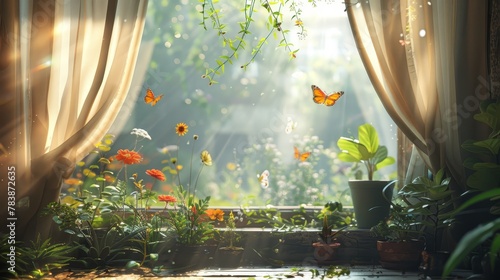   A room teeming with numerous green plants; a butterfly flutters above the window, surmounted by vegetation photo