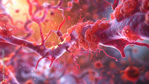 Scientifically accurate 3D illustration of clogged arteries, featuring detailed plaque accumulation, against a backdrop of cellular activity photo