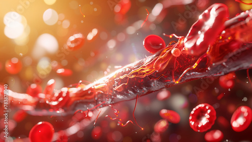 3D illustration portraying the critical condition of clogged arteries with realistic plaque and cholesterol deposits, against a scientific diagram background