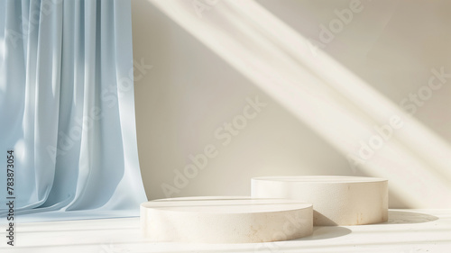 Elegant minimalist 3D stage podium, set in a pastel light background with abstract cream and blue tones, perfect for luxury product displays