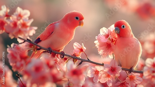  Two pink birds perch on a branch, surrounded by pink flowers in the foreground Behind them, a blurred expanse of pink blooms