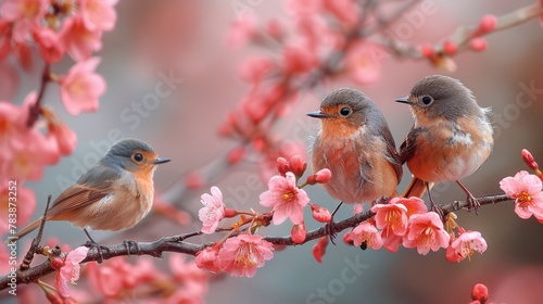  Three small birds sit on a tree branch adorned with pink flowers Background softly blurred