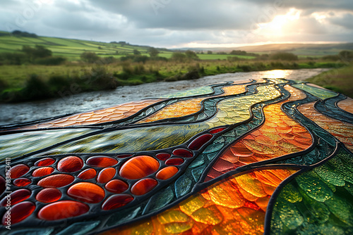  stained glass window with a river in the background using the Leadlight technique