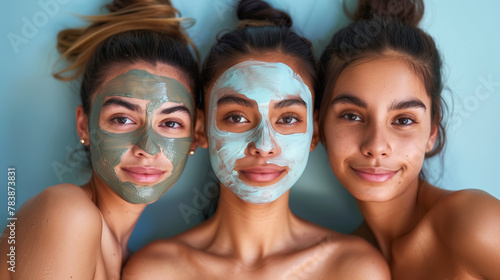 Three friends with clay masks share a close-up, enjoying a beauty treatment