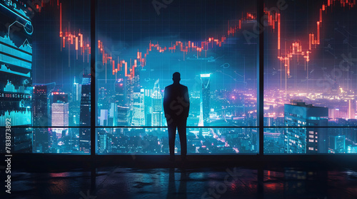 A businessman who closely follows the movement of financial indicators on the chart expresses confidence and certainty in his investment decisions, standing on a high balcony