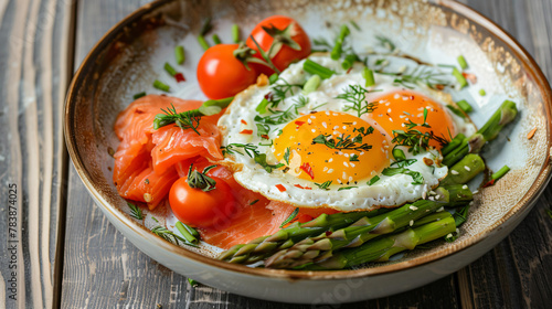 Fried eggs with asparagustomato and salmon
