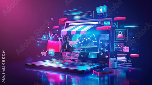 Futuristic e-commerce concept with neon graphics on a laptop screen photo
