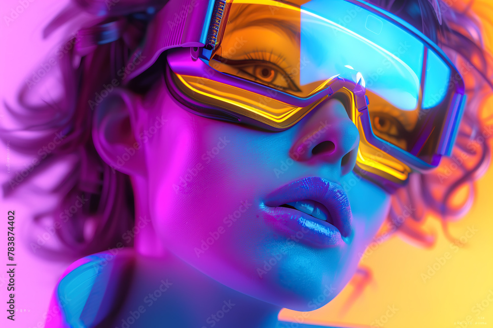 A girl wears neon glasses that glow with energetic colors, creating a playful and futuristic atmosphere. The essence of youthful style. Generative AI. A girl wears neon glasses that glow with energetic colors, creating a playful and futuristic atmosphere. The essence of youthful style. Generative AI.