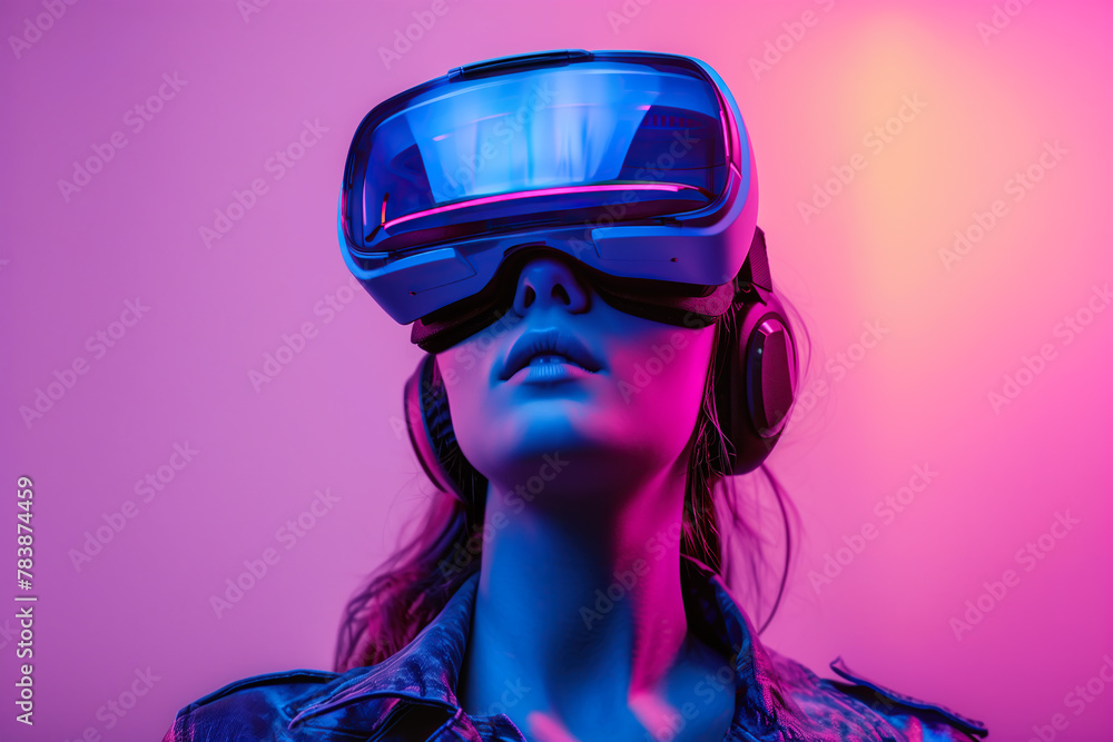 A girl wears VR Virtual Reality, creating a playful and futuristic atmosphere. The essence of youthful style. Generative AI. A girl wears VR Virtual Reality, creating a playful and futuristic atmosphere. The essence of youthful style. Generative AI.