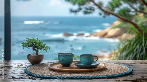  A table with two cups and a plate featuring a bonsai tree, situated before an expansive ocean view