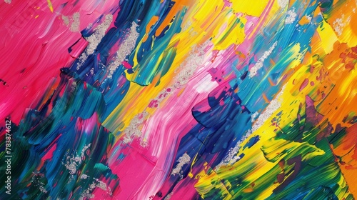 abstract painting features a dynamic interplay of vibrant colors with glitter. colorful style