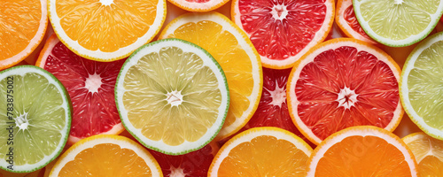 Sliced ​​oranges and limes. Bright citrus fruits show off their juicy appearance. 