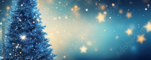 A blue Christmas tree adorned with ornaments and lights stands against a blue background. 