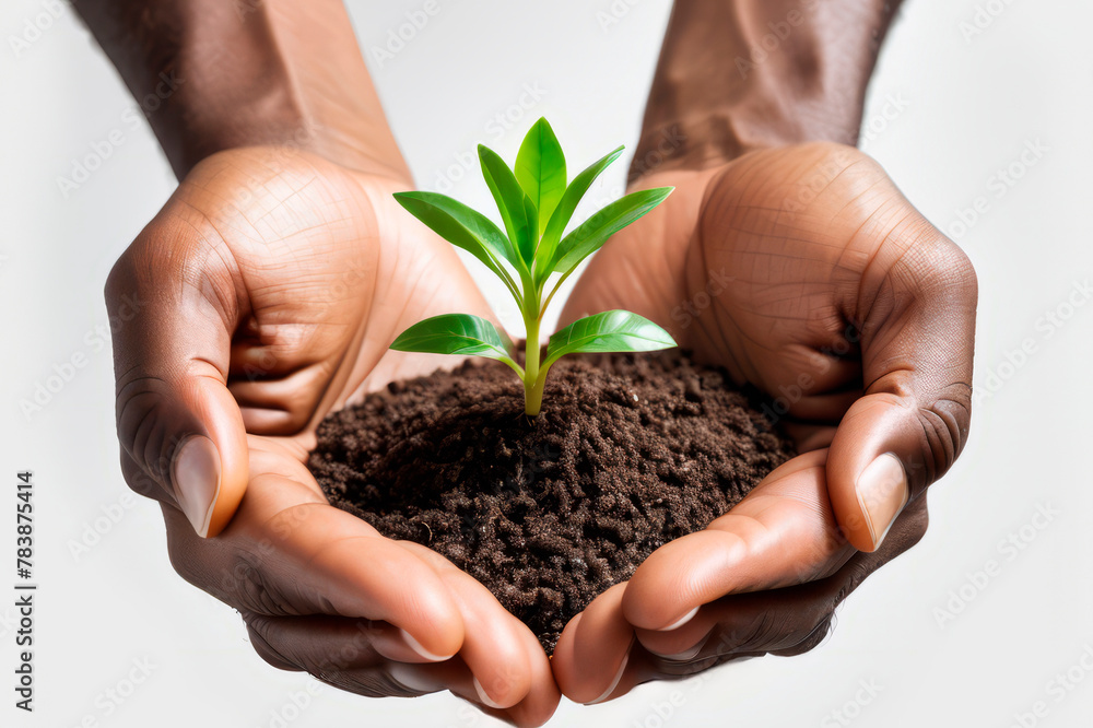 in palms, a pile of earth with a green sprout in palms, a pile of earth with a green sprout